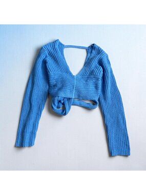 DANCE AND MARVEL Blue Knit Toe Back Crop Sweater Sz L NEW NWT